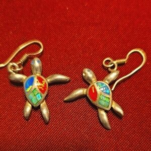 Sterling Silver Turtle Earrings with Opal Inlay